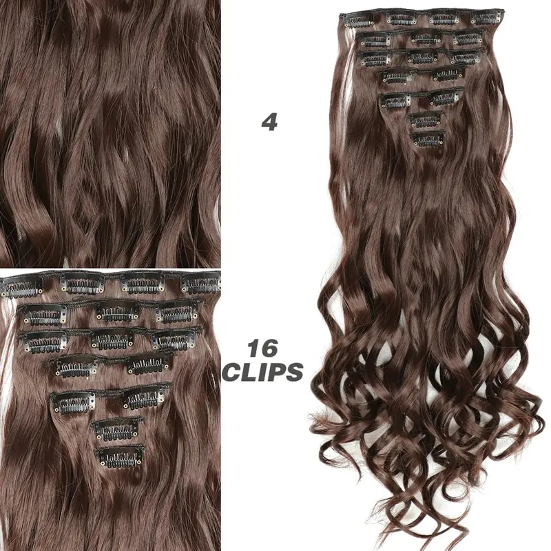 Synthetic 7Pcs/Set 22" Wavy Hairpiece Straight 16 Clips Hair Extensions Heat Resistant Styling False Hair