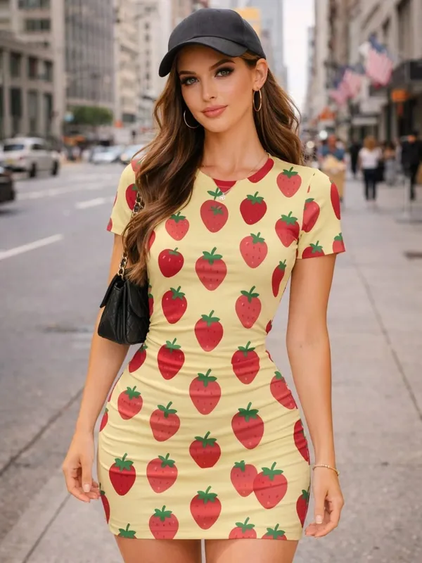 Bayan Kısa Kollu Bodycon Mini Elbise Slim Fit Ekip Boyun Çiçek Baskı Rahat Yaz Parti Sevimli Tatlı Tatil Clubwear Sundress