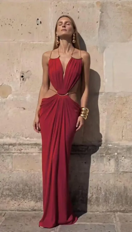 Sexy Hallow Out Long Party Dress Women Slim Sleeveless Backless Chic Pleated V-neck Ring Dresses Female 2026 Summer Lady Robe