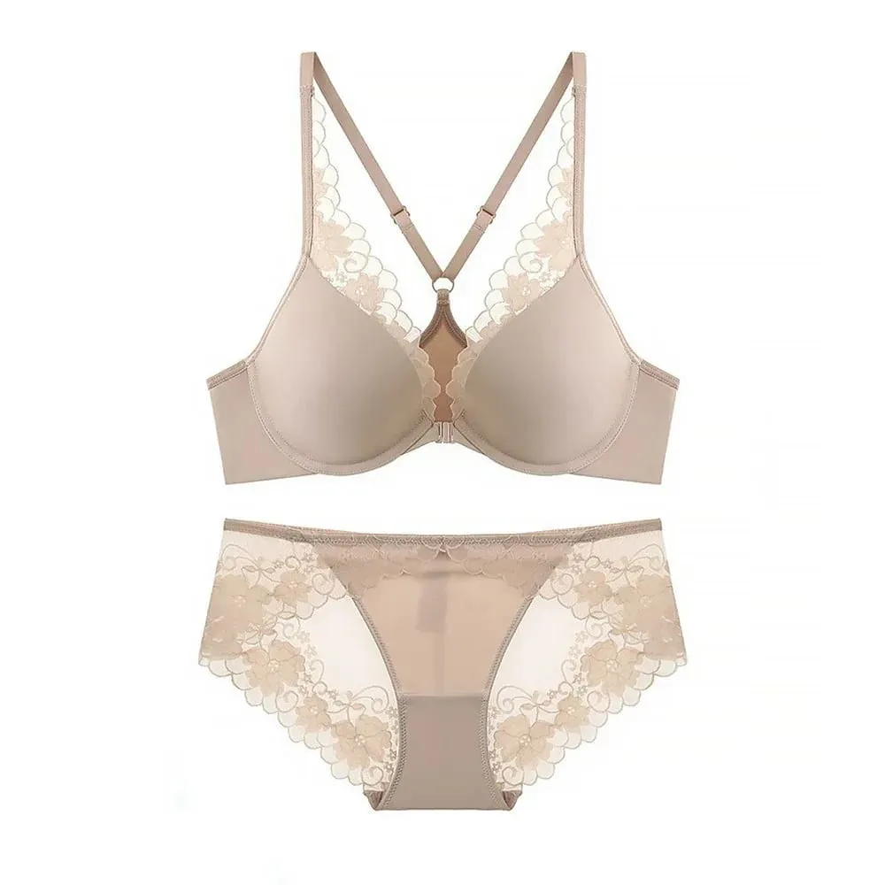 Women Lace Bra Front Open See Through Brief Set Elegant Thin Lingerie Set Ladies Bra Set Underwear