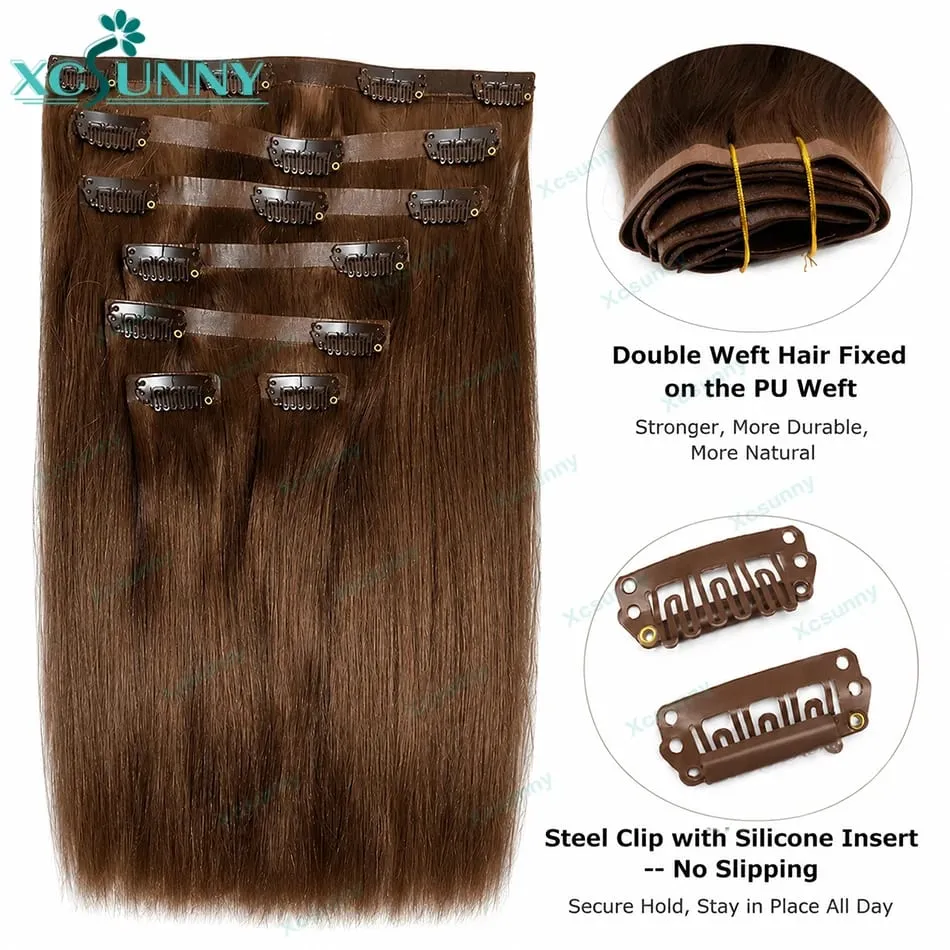 PU Clip Ins Human Hair Extensions Chocolate Brown Color 4 Skin Weft Silky Straight Clip In Hair For Women 240g A Full Head