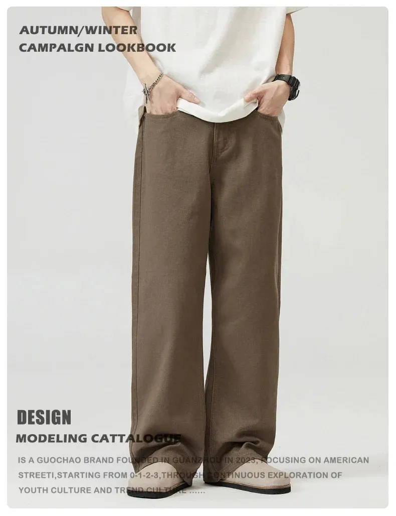 100％ Cotton Men's Baggy Straight Jeans Comfortable Soft Casual Pants Fashion Korean White Brown Denim Trousers Male Clothing