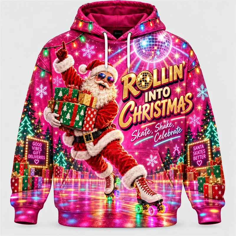 Funny Santa Christmas Hoodie 3D Print Karaoke Sleigh Repair Laundry Snack Holiday Party Pullover Winter Streetwear Gift