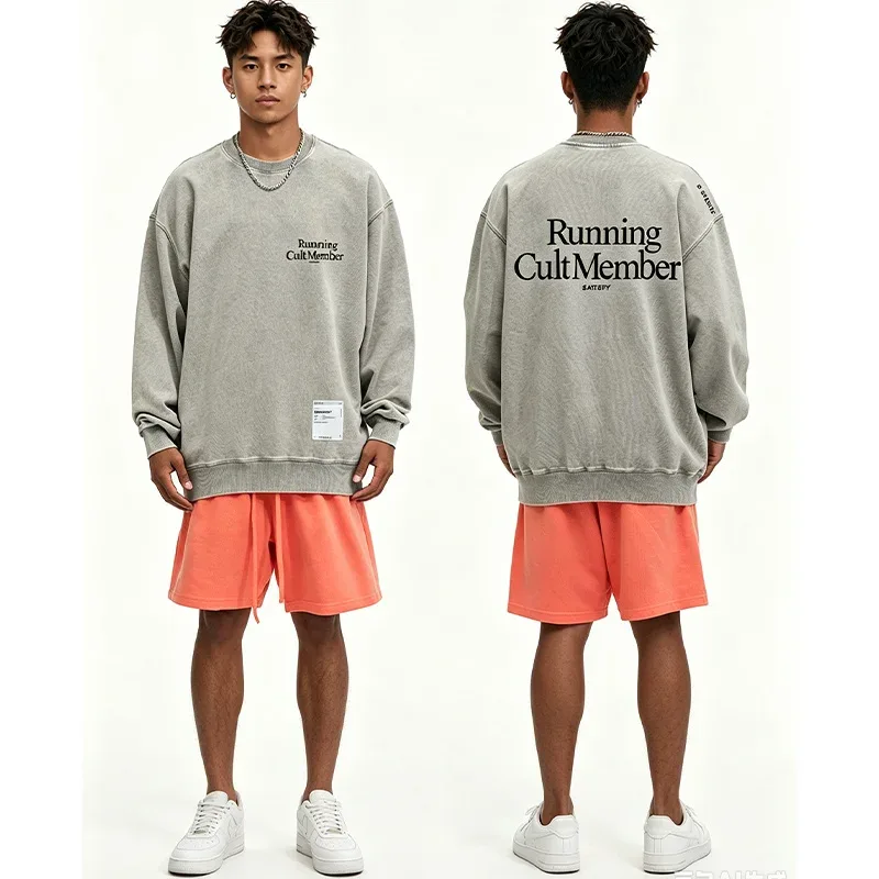 outdoor Self-Adhesive SATISFY Print Sweatshirt Round neck Jacket Street Style Loose Fit Long Sleeve Warmth for Young Men And Wo