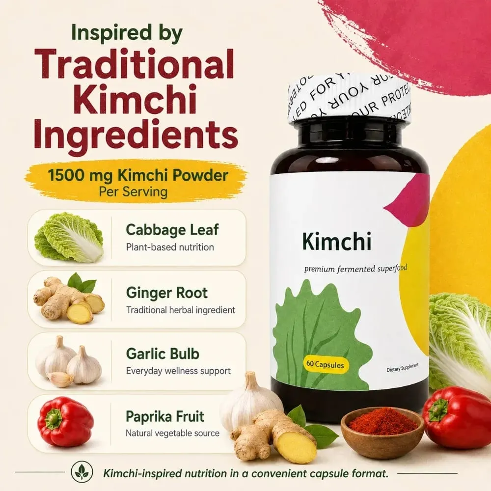 Kimchi Capsules 1500mg Fermented Superfood 60 Caps Gut Health Digestive Support Vegan Non-GMO Cabbage Ginger Dietary Supplement