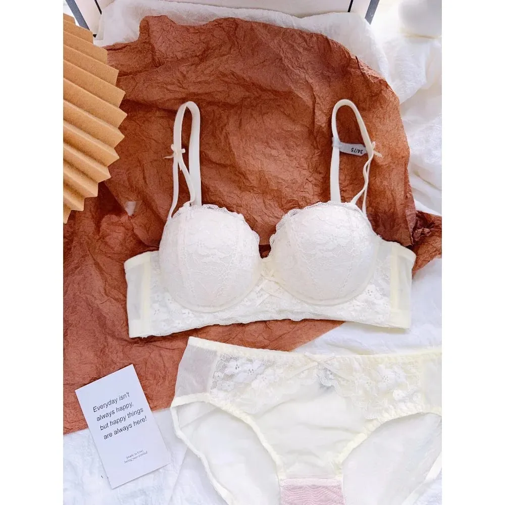 Sweet French Lace Women Bra Set Wire Free Push Up Lingerie Top Side Support Anti Sag Brassiere Panty Suit For Small Bust 32‑38