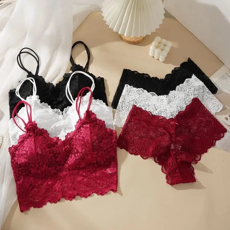 Women's Sexy Lace Bra And Panties Set Solid Color Back Hollow out Design Breathable Underwear with Lace Flower Detail No Steel R