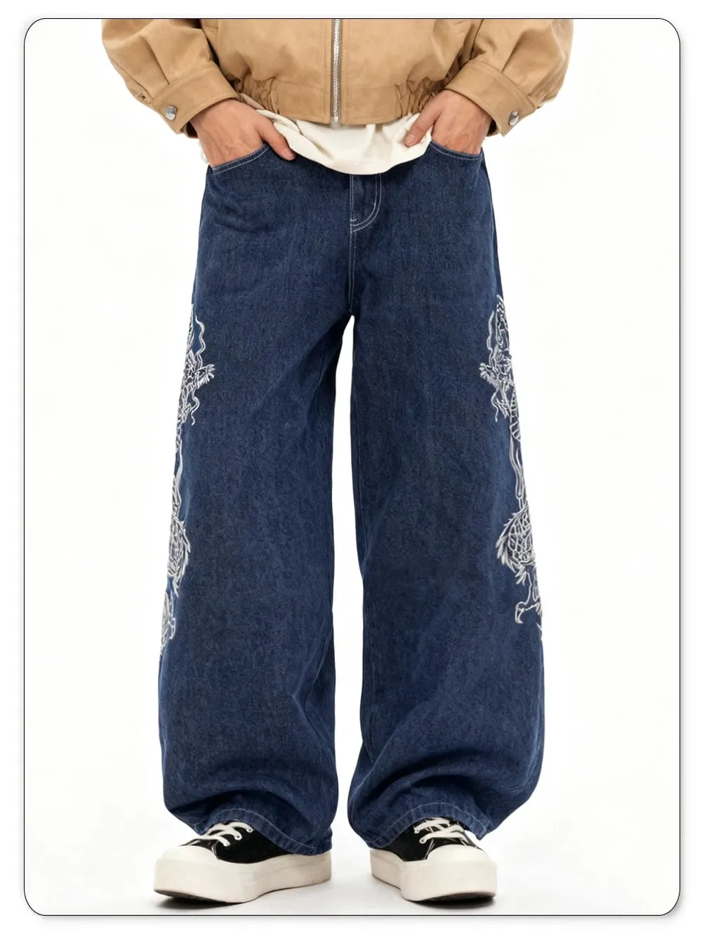 Korean Street Blue Baggy Wide Leg Men's Jeans Personalized White Dragon Pattern Embroidery Denim Pants Gothic Male Jeans Unisex