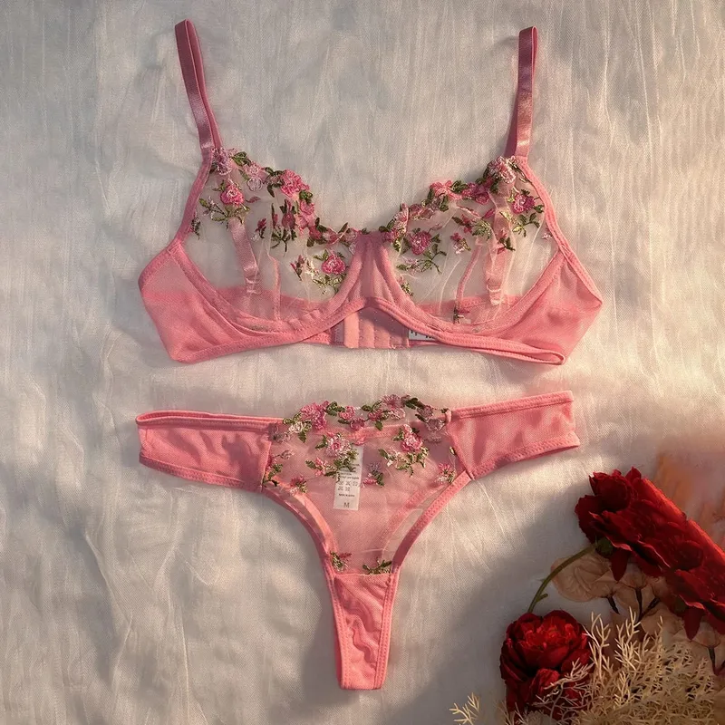 Women Sexy Lace Lingerie Push Up Lingerie Bra And Panty Sets Female Underwear Flower Embroidery Bralette Set