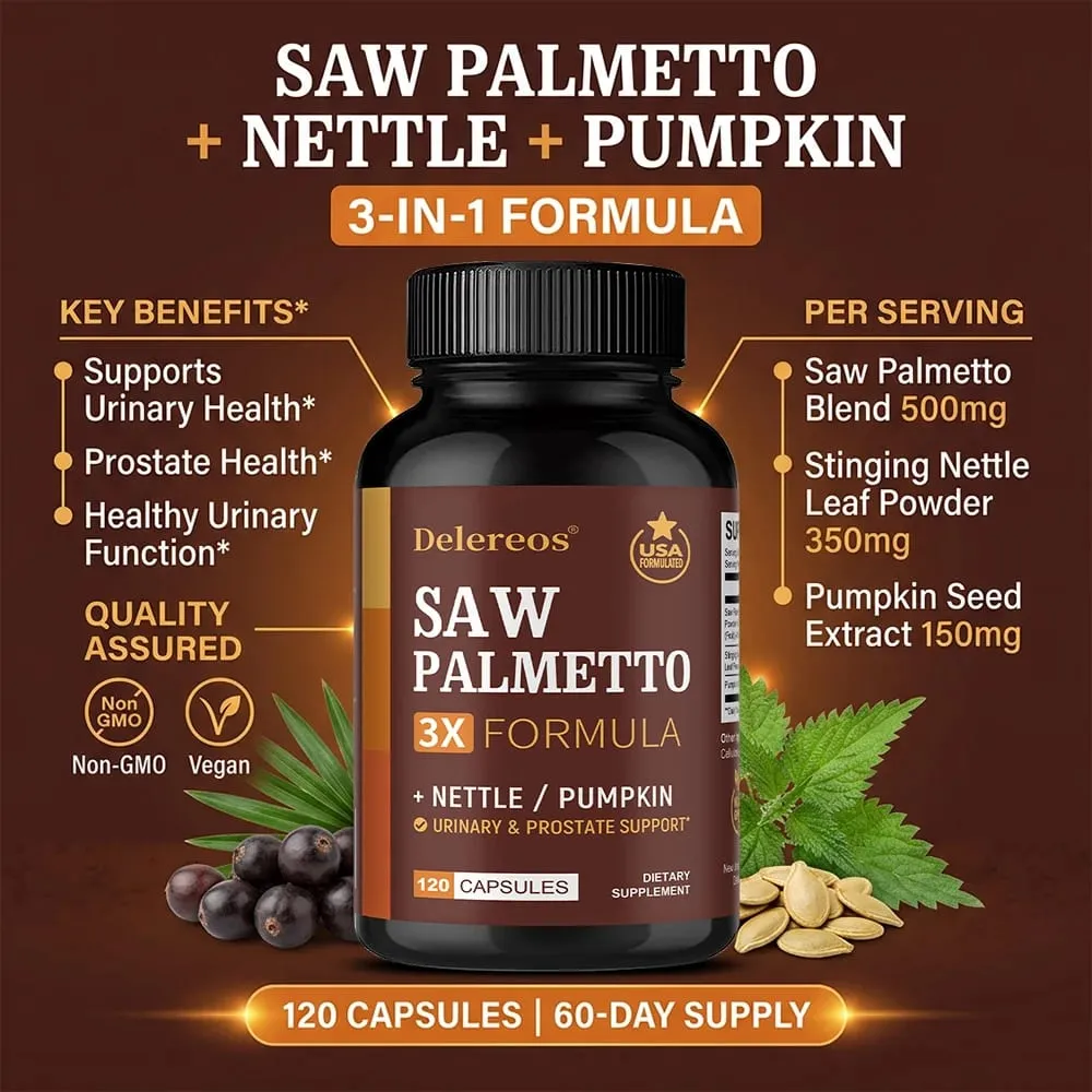 Saw Palmetto Capsules with Stinging Nettle Promote Prostate Health Reduce Baldness and Thinning Hair Men’s Daily Wellness
