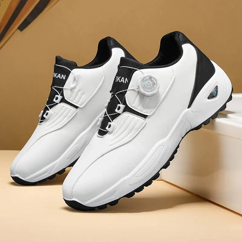 Men Rotary Buckle Golf Shoes Waterproof Leather Air Cushion Non Slip Breathable Training Sneakers 2 Colors