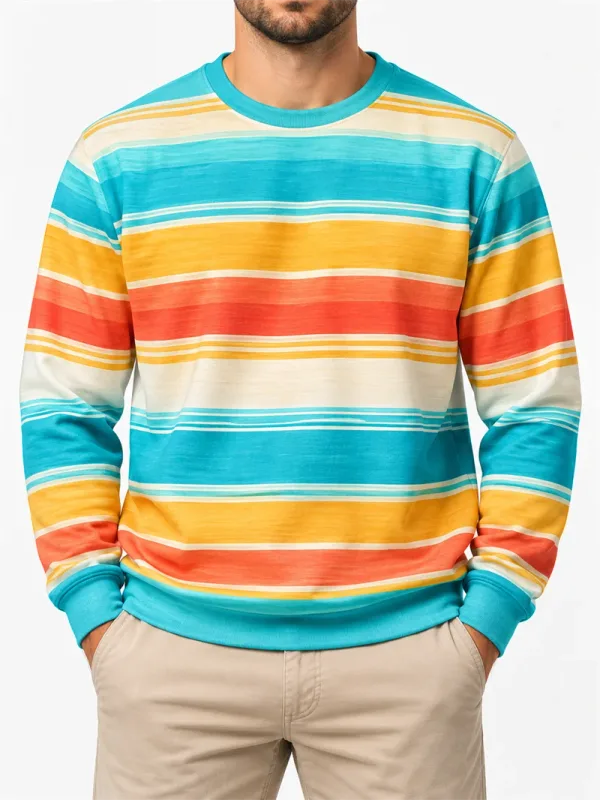 Vintage stribet sweatshirt med rund hals til mænd Casual langærmet trøje Farveblok Efterår Streetwear Hverdagsmode Klassisk top