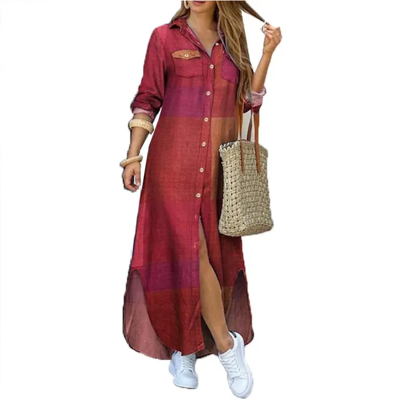 Women Dresses Fashion Sexy Single-breasted Dress Loose Lapel Casual Women's Clothing Literary Printing Long Shirt Skirt