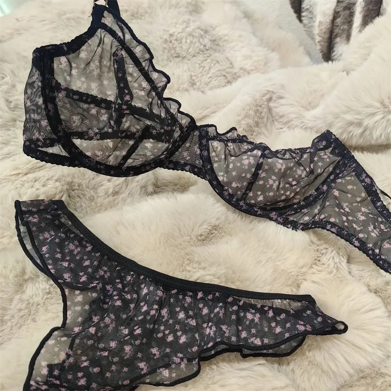 Women Floral Print Lace Lingerie Set French Ultra Thin Breathable Soft Bralette Intimate Underwear