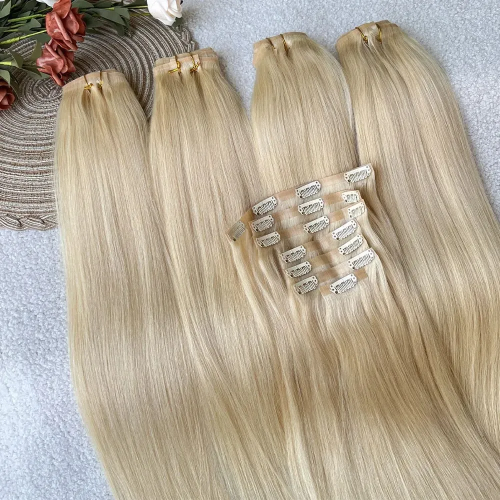 #613 Blonde Clips In Hair Extensions Human Hair Straight Natural Hair Extensions Feel Soft Hairstyle 100g/Bundles For Women
