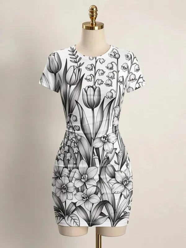 Womens Short Sleeve Bodycon Mini Dress Slim Fit Crew Neck Floral Print Casual Summer Party Cute Trendy Flattering Party Sundress