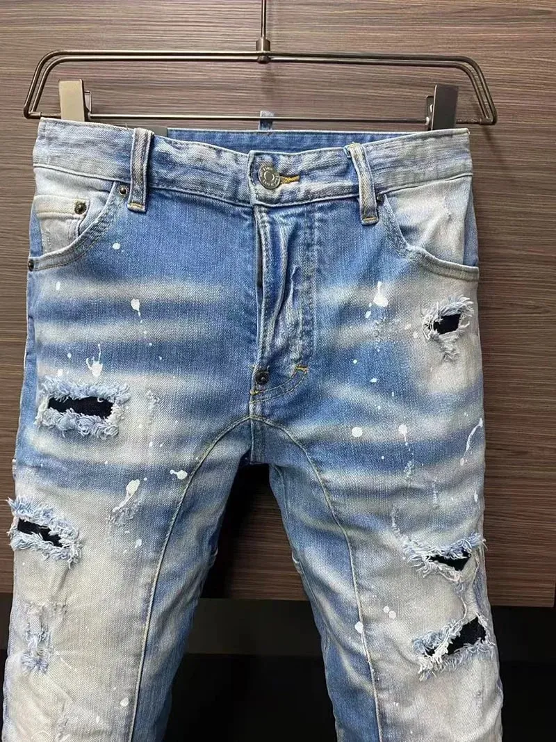だぶだぶのジーンズ男性用パンツダメージ加工ジーンズトレンディなストリートスリムストレートレッグストレッチパンツメンズファッション