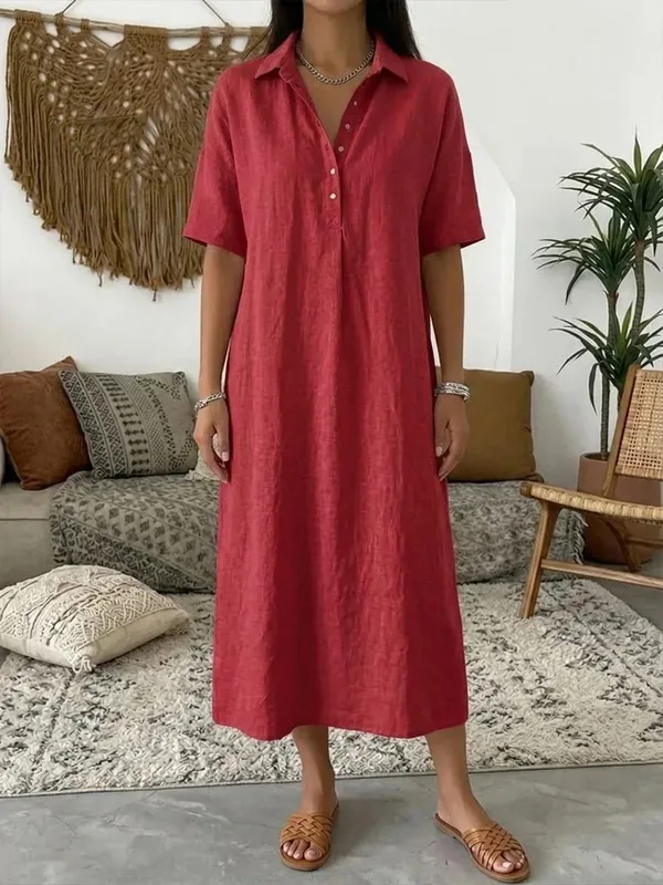2026 Women's Spring and Summer New Casual Straight-Cut Comfortable Polo-Neck Linen Short-Sleeve Dress