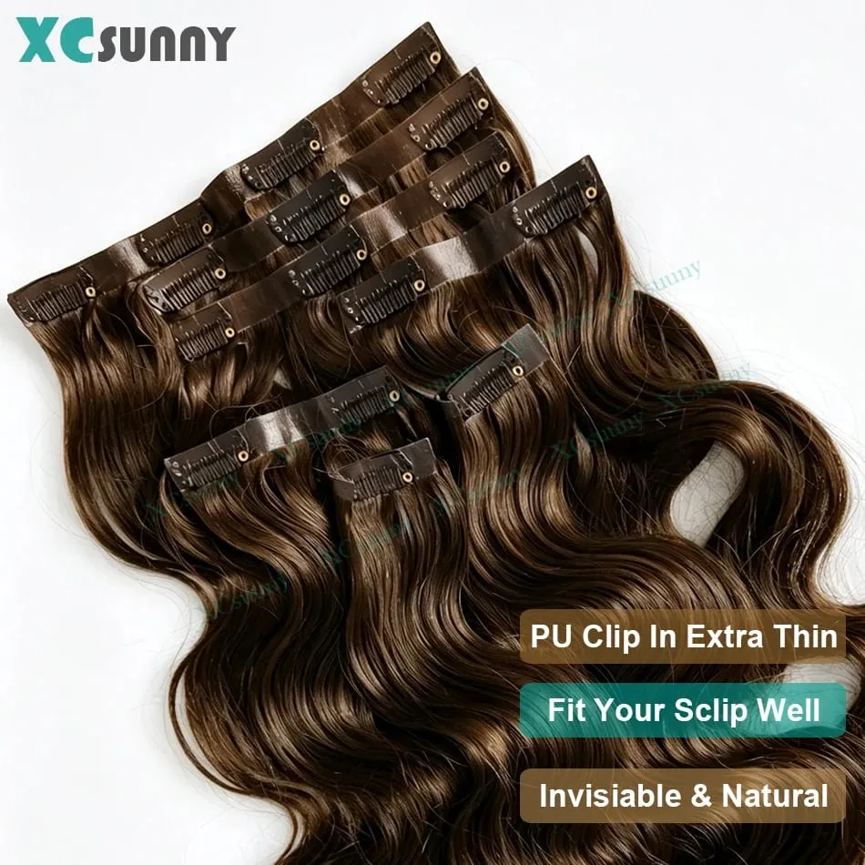 PU Clip Ins Human Hair Extensions Body Wave Chocolate Brown Color 4 Seamless Skin Weft Clip Ins for Women 100g- 240g