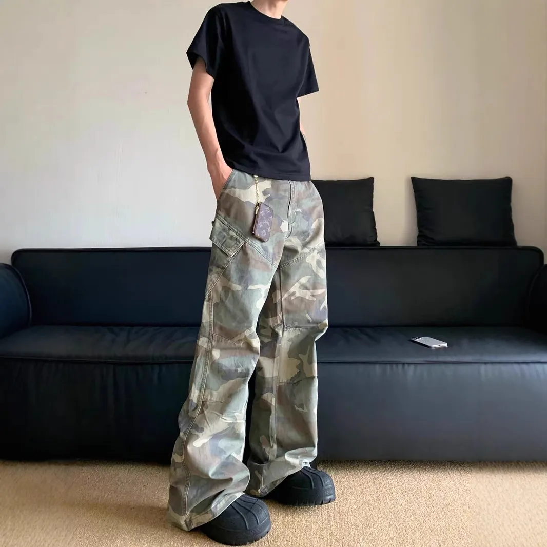 Mens Camouflage Cargo Pants Slim Straight Hiphop Jeans High Street Multi Pocket Micro Flare Trousers Streetwear