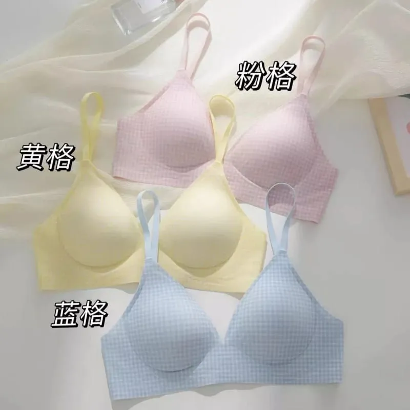 Elegant Japanese Checkered Lingerie Set Small Chest Support Wirefree Anti-Sagging Pure Cotton Comfort Fit Bralette S-XL UK Hot S