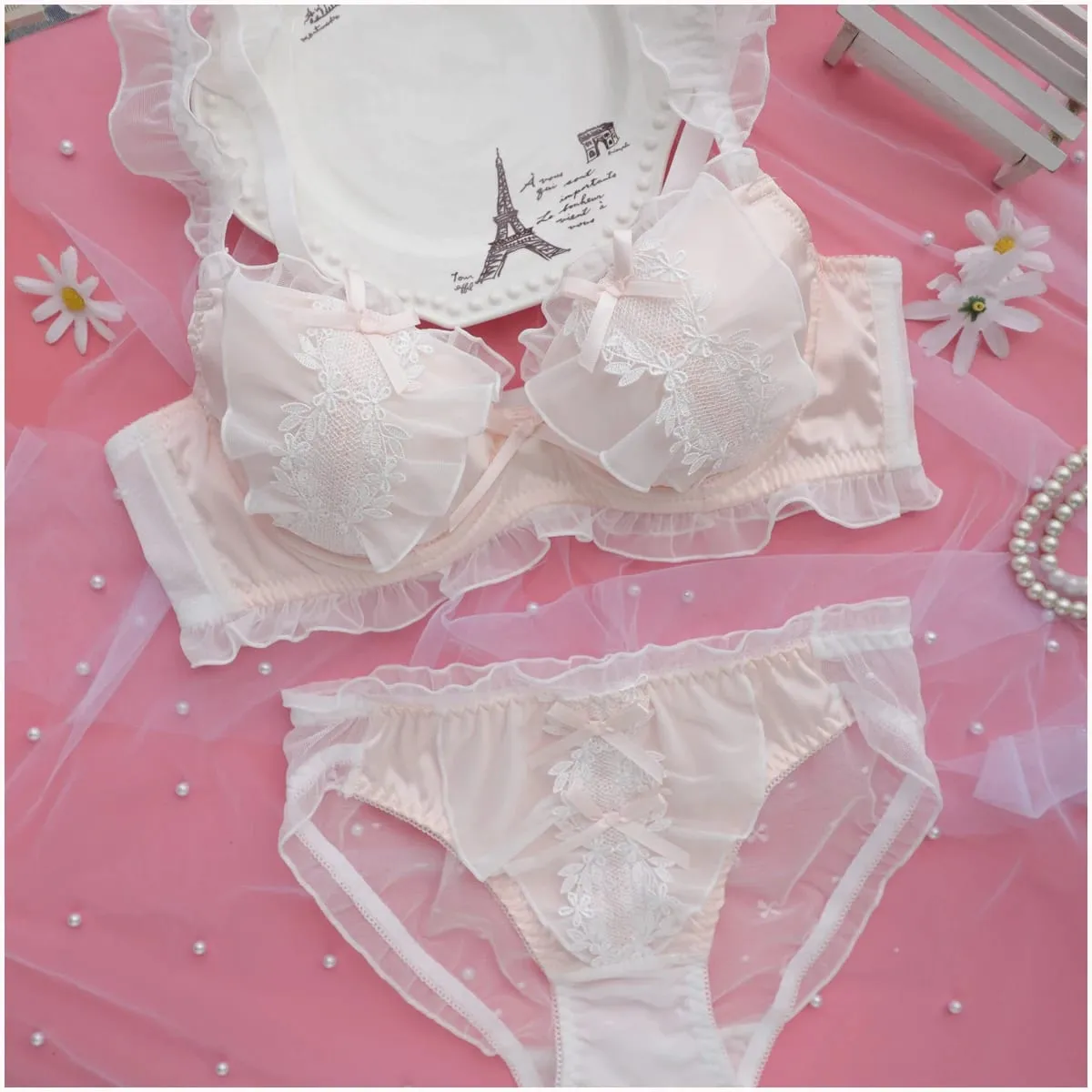 Fresh water-soluble college style underwear girls sweet and cute lingerie briefs three buckle gathered ladies bra set