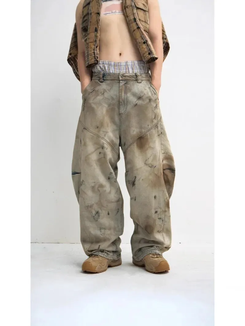 Male Winter American Style Vintage Dirty Men's Jeans 2026 Spring New High Street Design Loose Wide Leg Floor Length Denim Pants