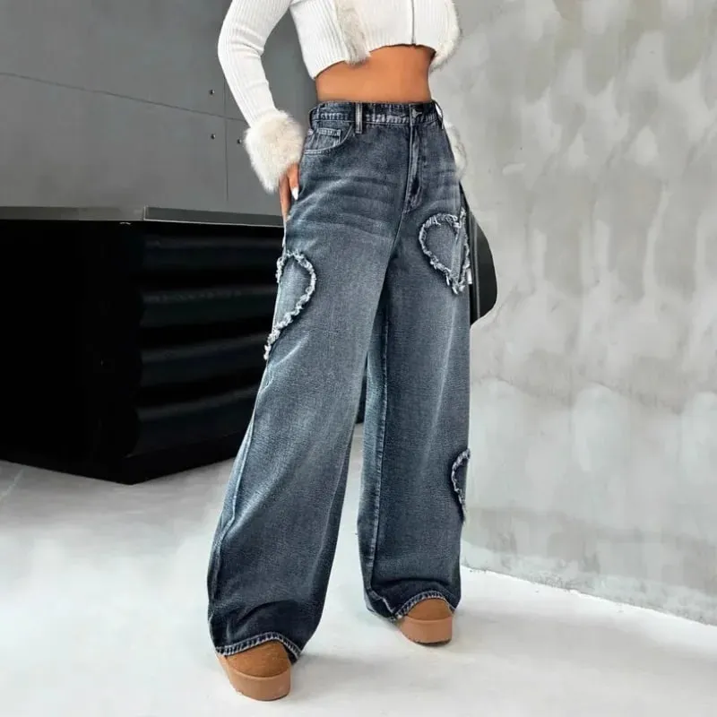 Amerikanische Retro Jeans mit ausgefransten Kanten und Patchwork, stark gewaschen, Unisex, Streetwear, locker, gerade, weit geschnittene Hose 21095