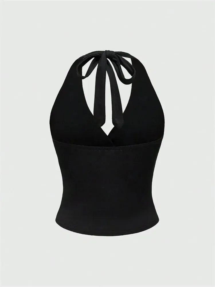 Solid V-hals Rygløs Halter Crop Top til Kvinder Sommer Sexet Y2K ærmeløs Ruched Top Streetwear