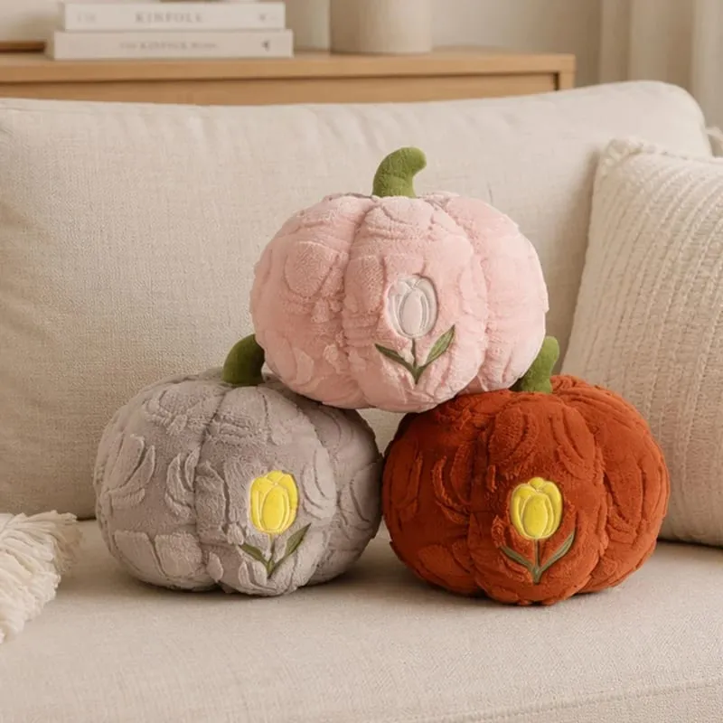 Cute Pumpkin Throw Pillow With Tulip Embroidery Soft Plush Pumpkin Shaped Cushion Pillow For Sofa Living Room Hallowmas Gifts