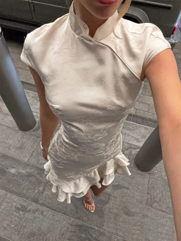 Trendix 女優雅緞面晚禮服時尚立領高腰修身迷你連身裙派對性感短袖荷葉邊連身裙