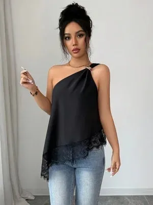 Women's Casual Single-Shoulder Camisole Solid Color Camisole with Lace Splicing and Versatile Style Suitable for Shopping Bea
