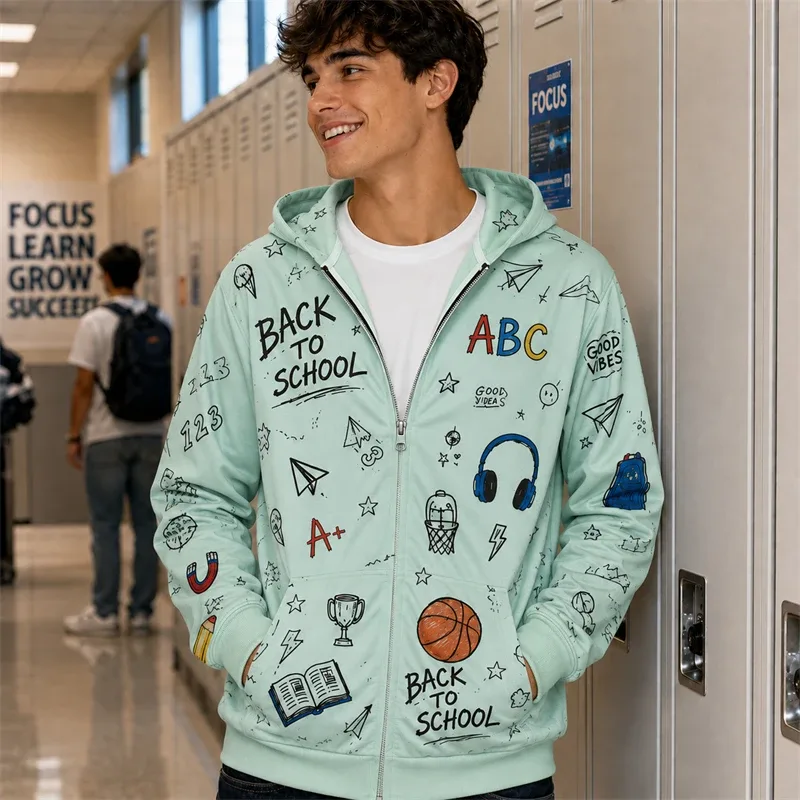 Zip Hoodie Men Back To School 3d Print A+ Graphic Basketball Book Pattern Hoodie New Y2k Gift Casual Street Hooded Sweatshirt