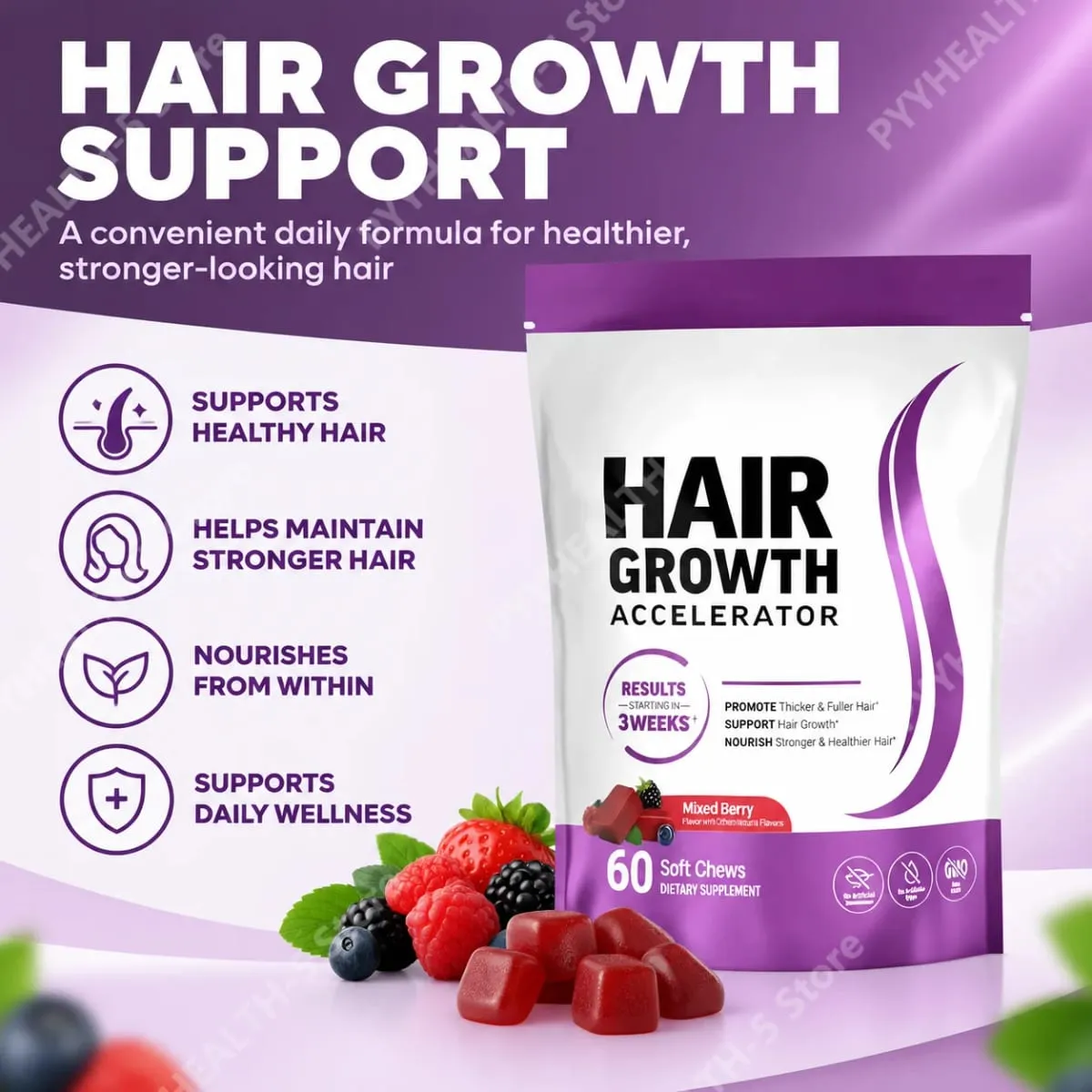 Biotin Hair Growth Soft Chews Supplement Support Fuller Thicker Hair Vitamin C & E for Healthy Hair Nourishment 60 Gummy
