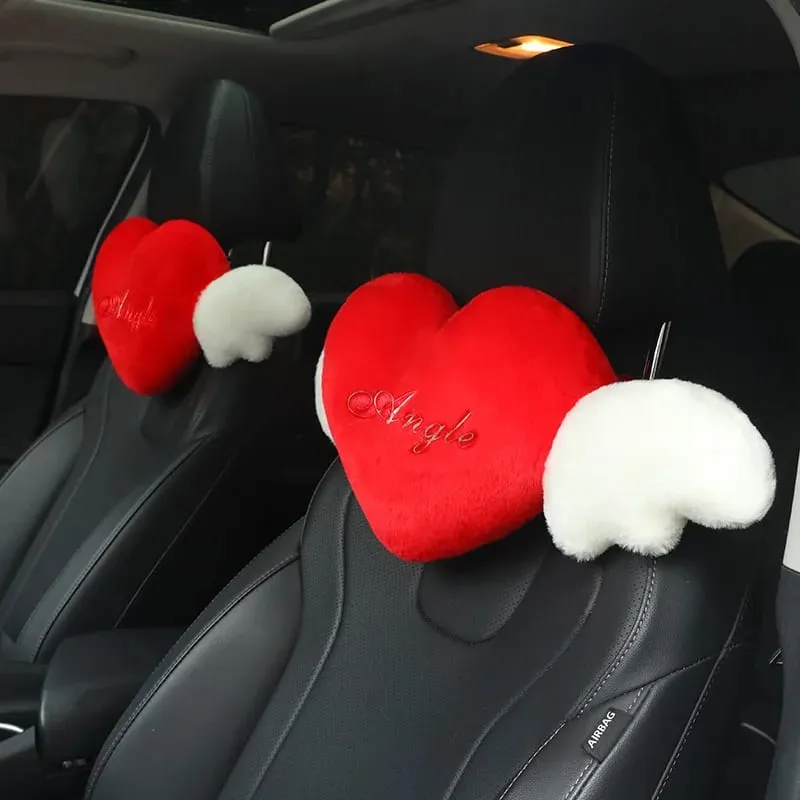 Cute Heart Angel Wings Car Neck Pillow Soft Plush Auto Headrest Pillow Universal Car Seat Head Support Cushion Decor Gift