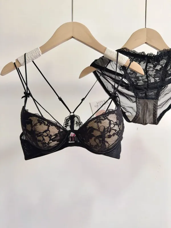 Minimal Romantic Coquette Lace Front Clasp Bra Set Wirefree Ultra Thin Straps Beauty Back Small Bust Create Curvy Lookr MOYISU