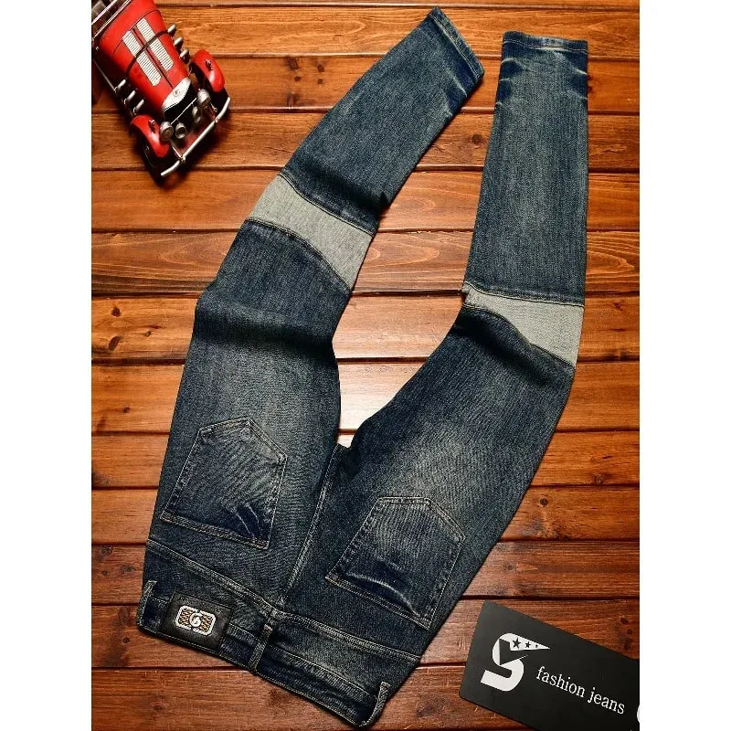 Fashionable high-end jeans for men slim fit small feet washed retro patchwork design trendy and luxurious men's pants