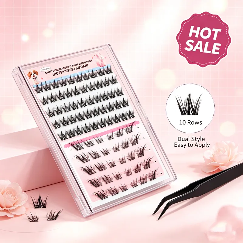 Self Adhesive Lash Clusters Combo Pack 10 Rows No Glue False Eyelashes Puppy Fox Eye Wispy Segmented Lashes for Daily Makeup