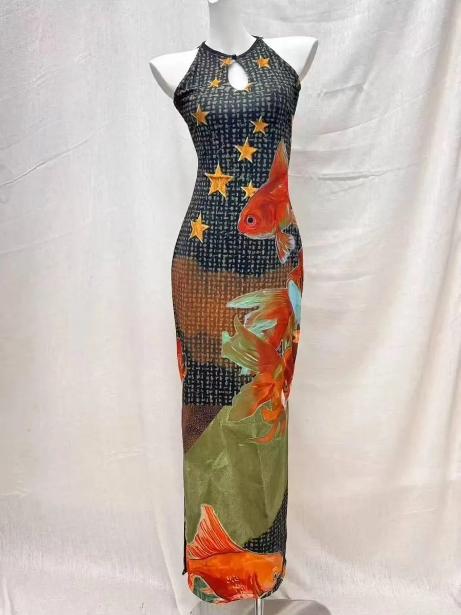 Women Sleeveless Qipao Midi Dress Goldfish Star Print Mandarin Collar Side Slit Vintage Chinese Style Bodycon Summer Cheongsam