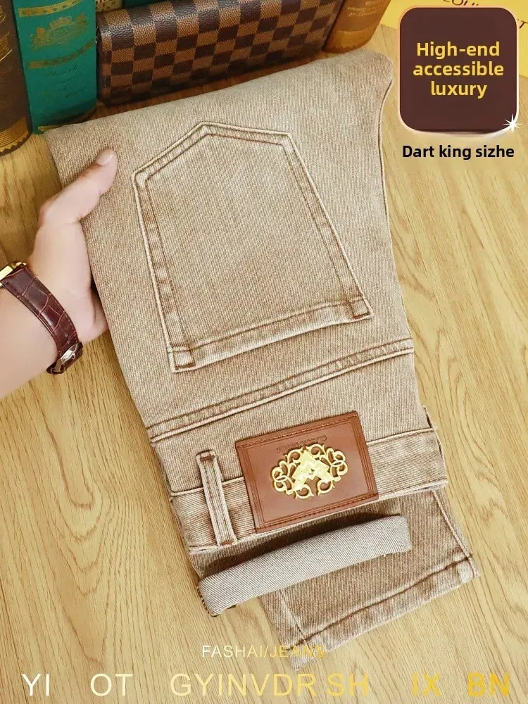 Khaki jeans men in autumn and winter of 2025 high-end light luxury men's clothing elastic small leg pants