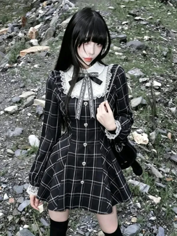 Gotisk vintage blonde Y2k minikjole Dame Design Streetwear Sort Lolita Slank kjole Langærmet Elegant Kjole Krydret piger