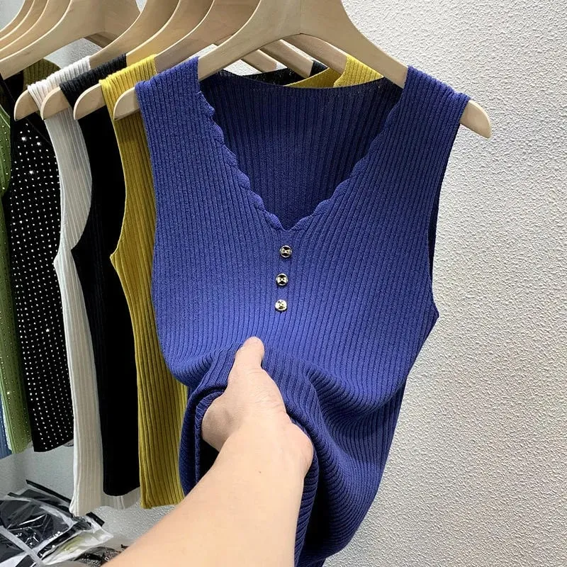 Ice Silk Knit Cami Top Women V Neck Sleeveless Slim Fit Elegant Tank Top Summer Outerwear Blazer Inner Layering Fashion Vest
