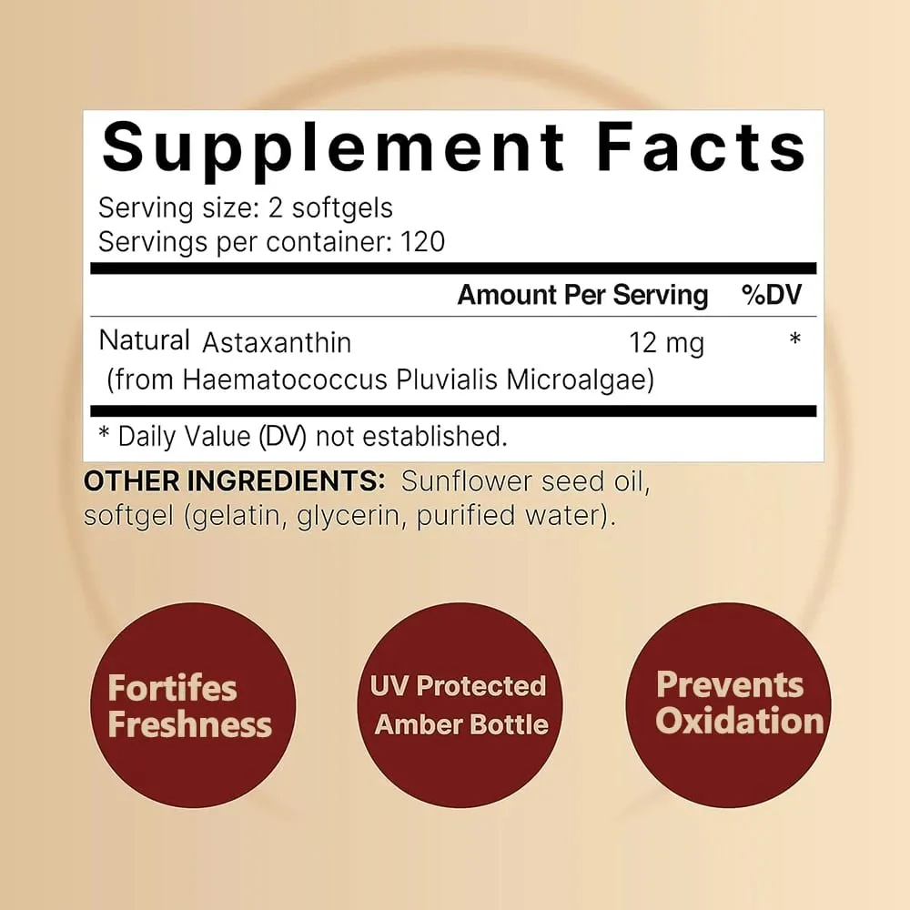 Astaxantina de triple potencia 12 mg - Suplemento antioxidante de astaxantina natural sin OGM verificado y sin gluten - 120 cápsulas blandas