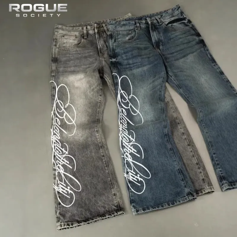American Retro Y2K Streetwear Men Women Jeans Grunge Washed Faded Script Print High Street Hip Hop New Denim Summer Pants Casual