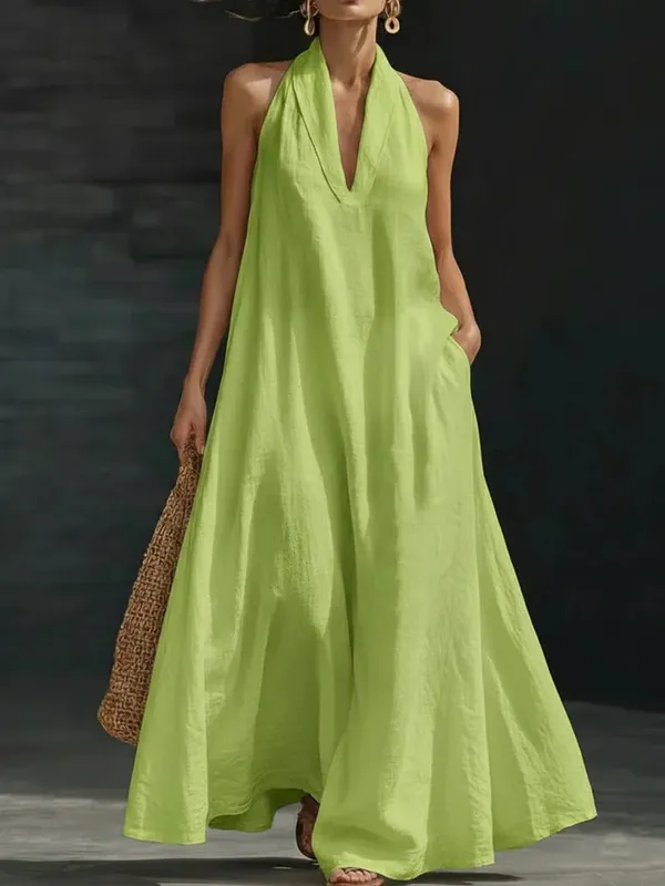 Women's Casual Dresses Sexy Solid V Neck Pocket A-Line Long Dress Spring Summer Sleeveless Loose Beach Vacation Maxi Mujer Dress