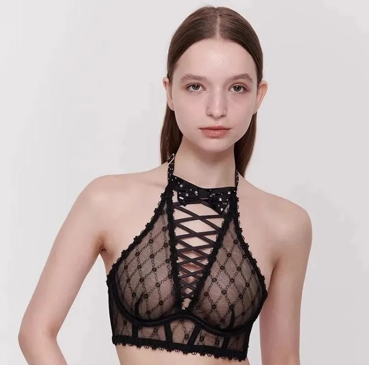 Minimizer Bra คัพใหญ่ DD+ | Sweetheart Bow Diamond Pattern Halter Top Slimชุดชั้นในบางชุดสตรีชุดชั้นในชุด — image 9