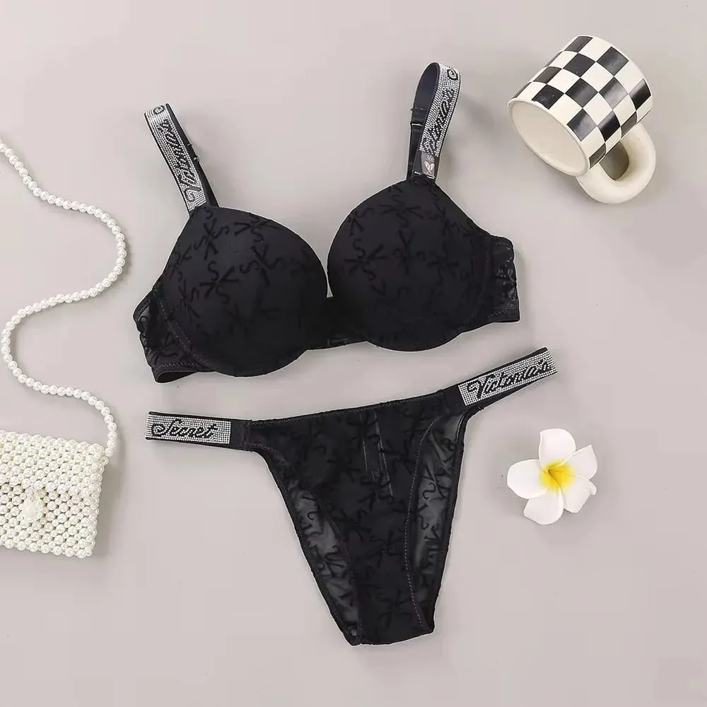 Victoria Secret Sexy Lingerie Set Very Sexy Logo Shine Strap Embossed Lace Push Up Bra Shine Script Thong Panty