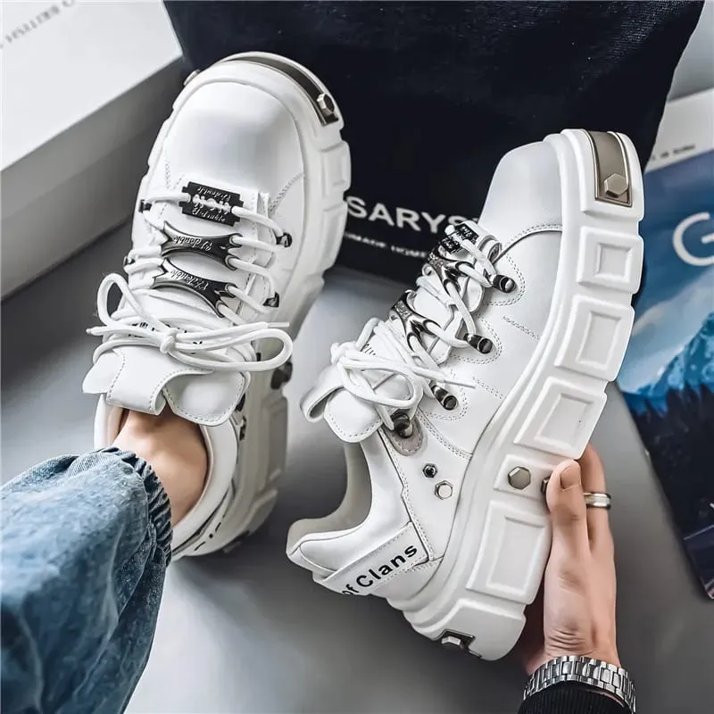 Shoes for Men Metal Punk Platform Sneakers Fashion Designer Brand Thick Soled Board Shoes Clunky Leather Shoes Zapatos De Hombre