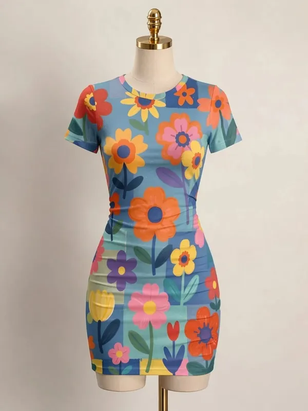 Γυναικείο κοντό μανίκι Μίνι φόρεμα Bodycon Slim Fit Crew Neck Floral print Casual καλοκαιρινό πάρτι Χαριτωμένο κομψό, απαλό Sundress για διακοπές