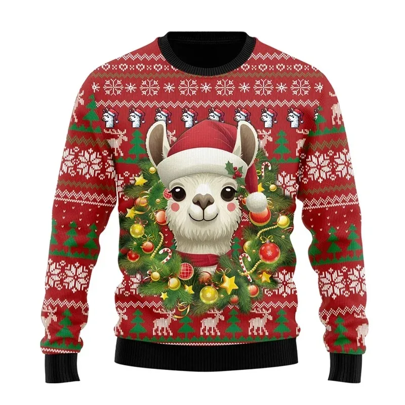 3D Printed Christmas Decoration Sweatshirt For Men Women Alpaca Dog Pattern Pullovers Casual Loose Round Neck Long Sleeve Hoodie